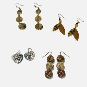 Bundle: 3 Earring Sets Gold Silver Boho Hearts Leopard Brown Beaded Lot
